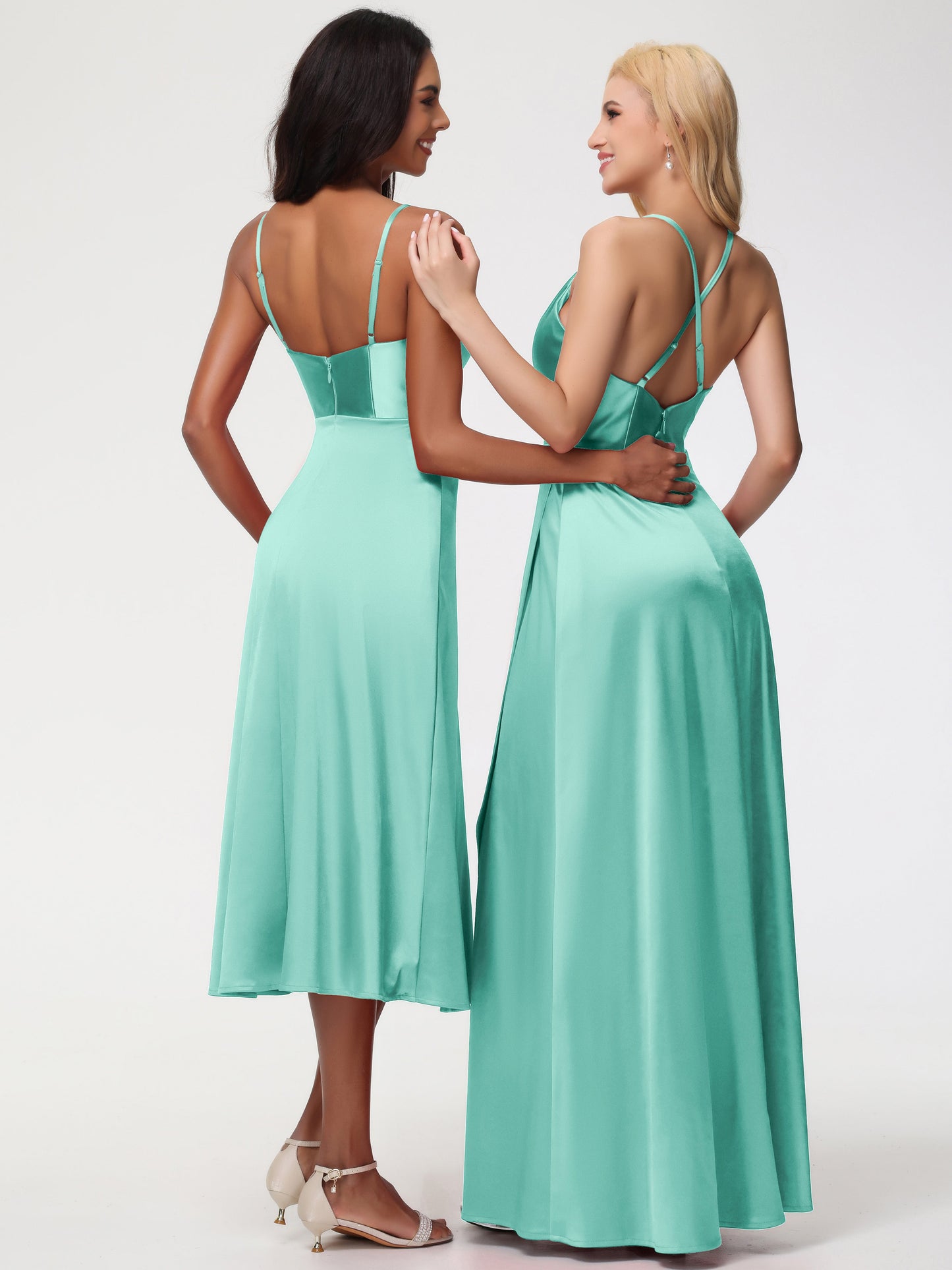 Spaghetti Straps Tea Length Back Zip Stretch Satin Bridesmaid Dress