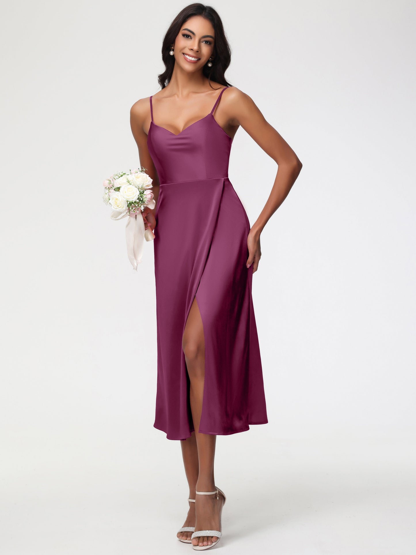 Spaghetti Straps Tea Length Back Zip Stretch Satin Bridesmaid Dress