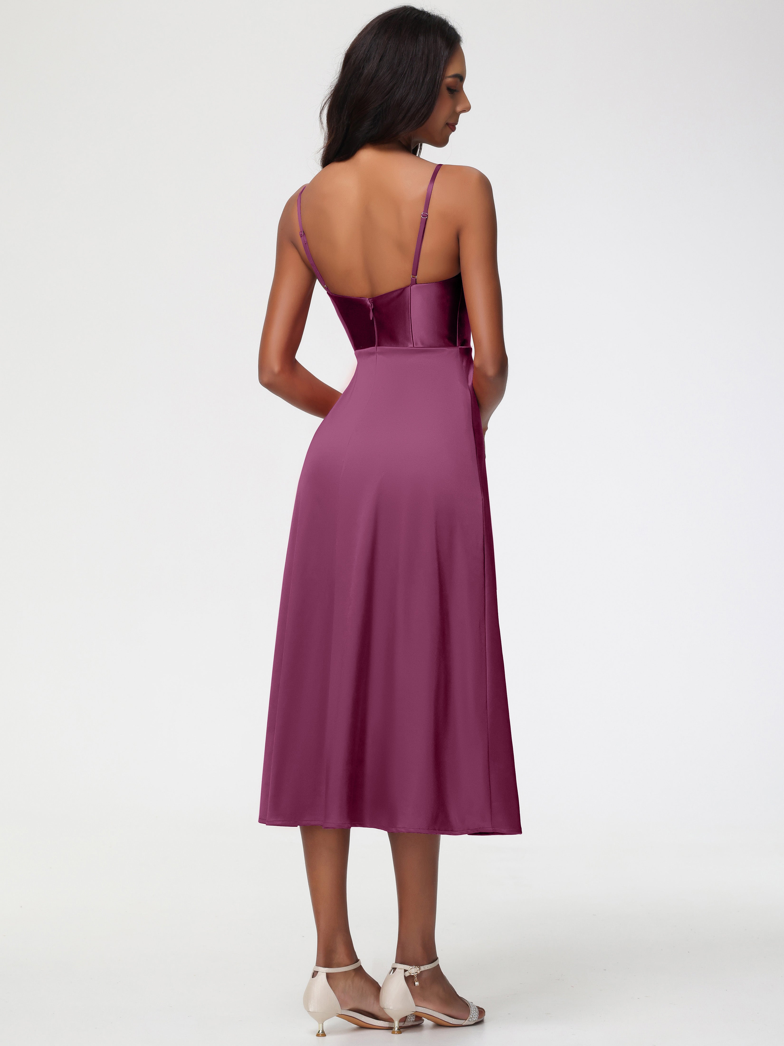 Spaghetti Straps Tea Length Back Zip Stretch Satin Bridesmaid Dress