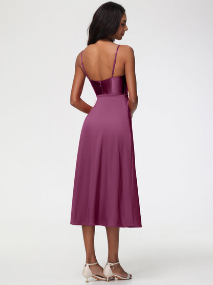 Spaghetti Straps Tea Length Back Zip Stretch Satin Bridesmaid Dress