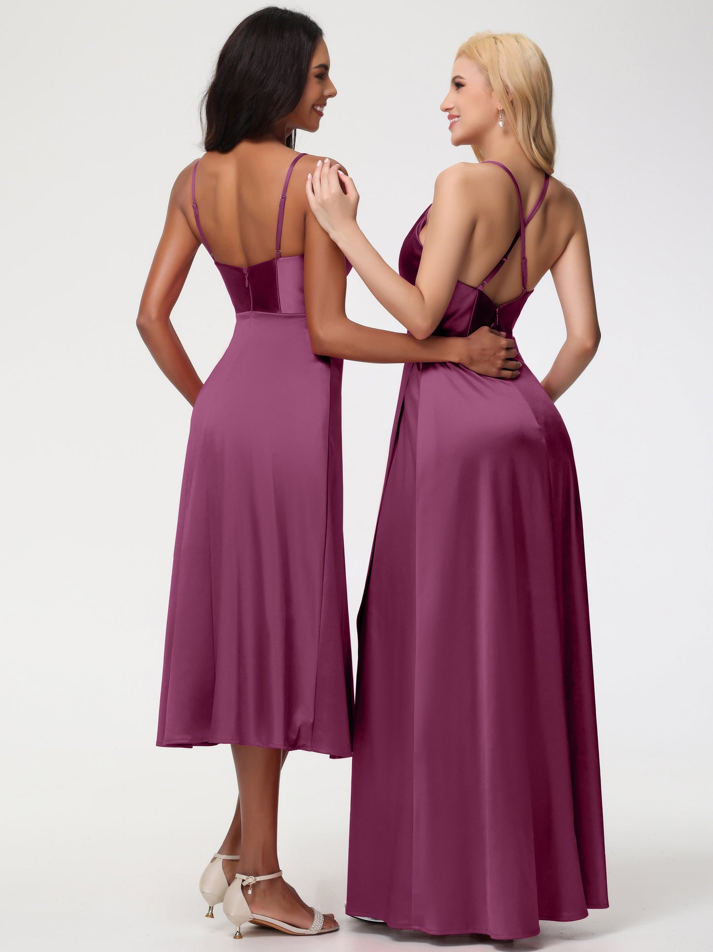 Spaghetti Straps Tea Length Back Zip Stretch Satin Bridesmaid Dress