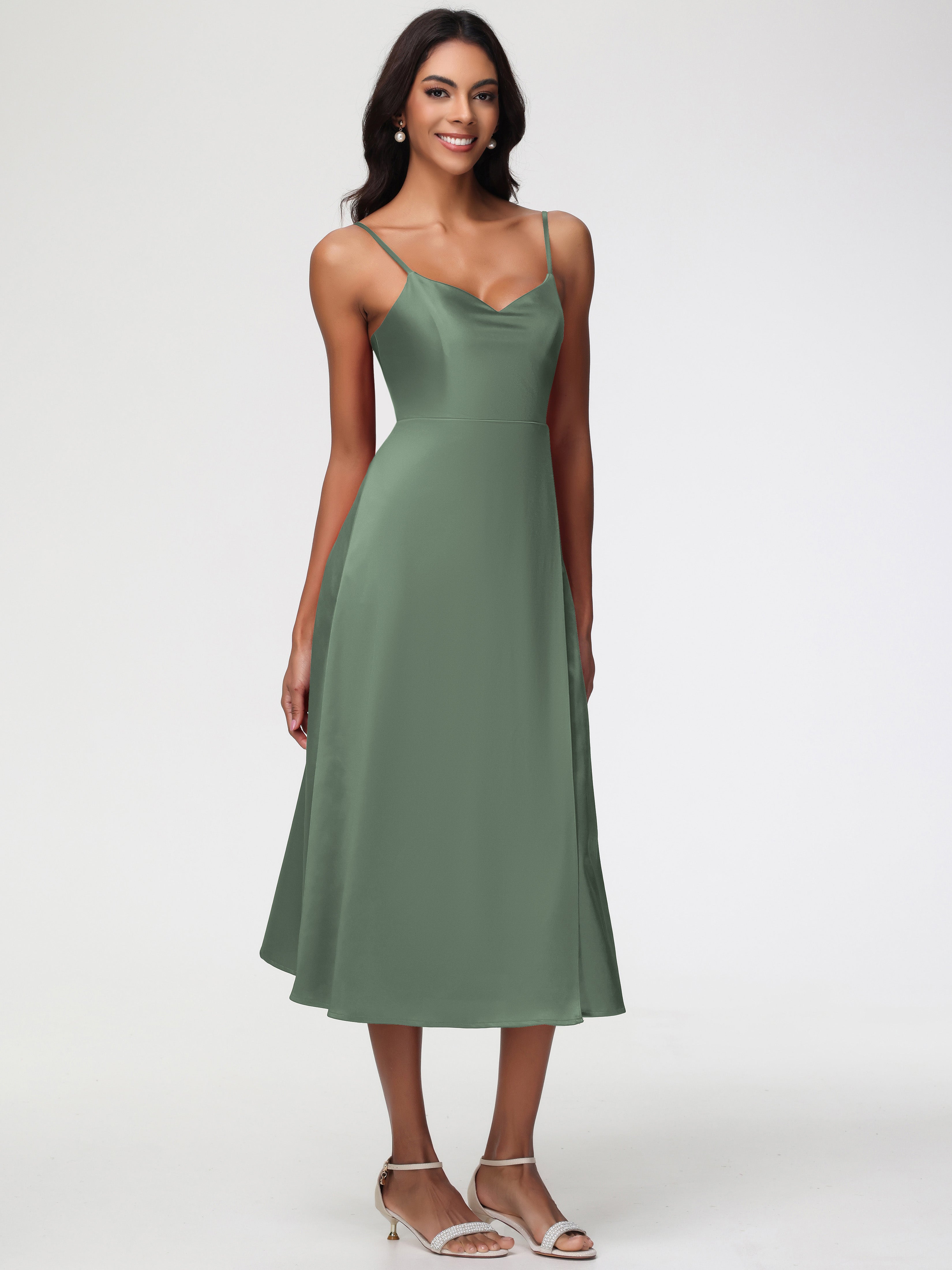 Spaghetti Straps Tea Length Back Zip Stretch Satin Bridesmaid Dress