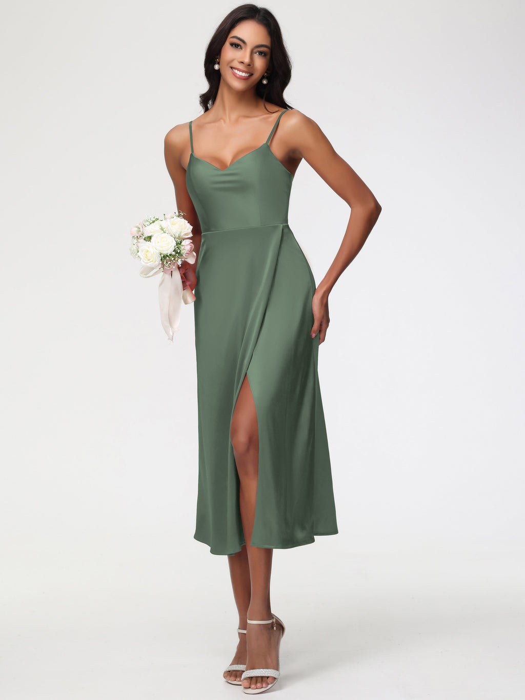 Spaghetti Straps Tea Length Back Zip Stretch Satin Bridesmaid Dress