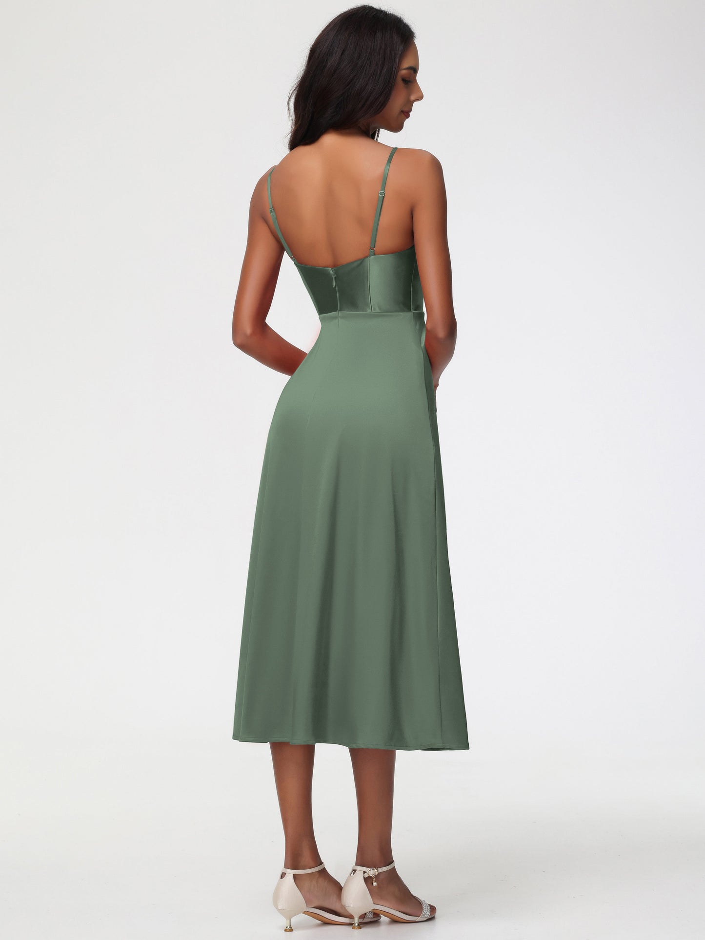 Spaghetti Straps Tea Length Back Zip Stretch Satin Bridesmaid Dress