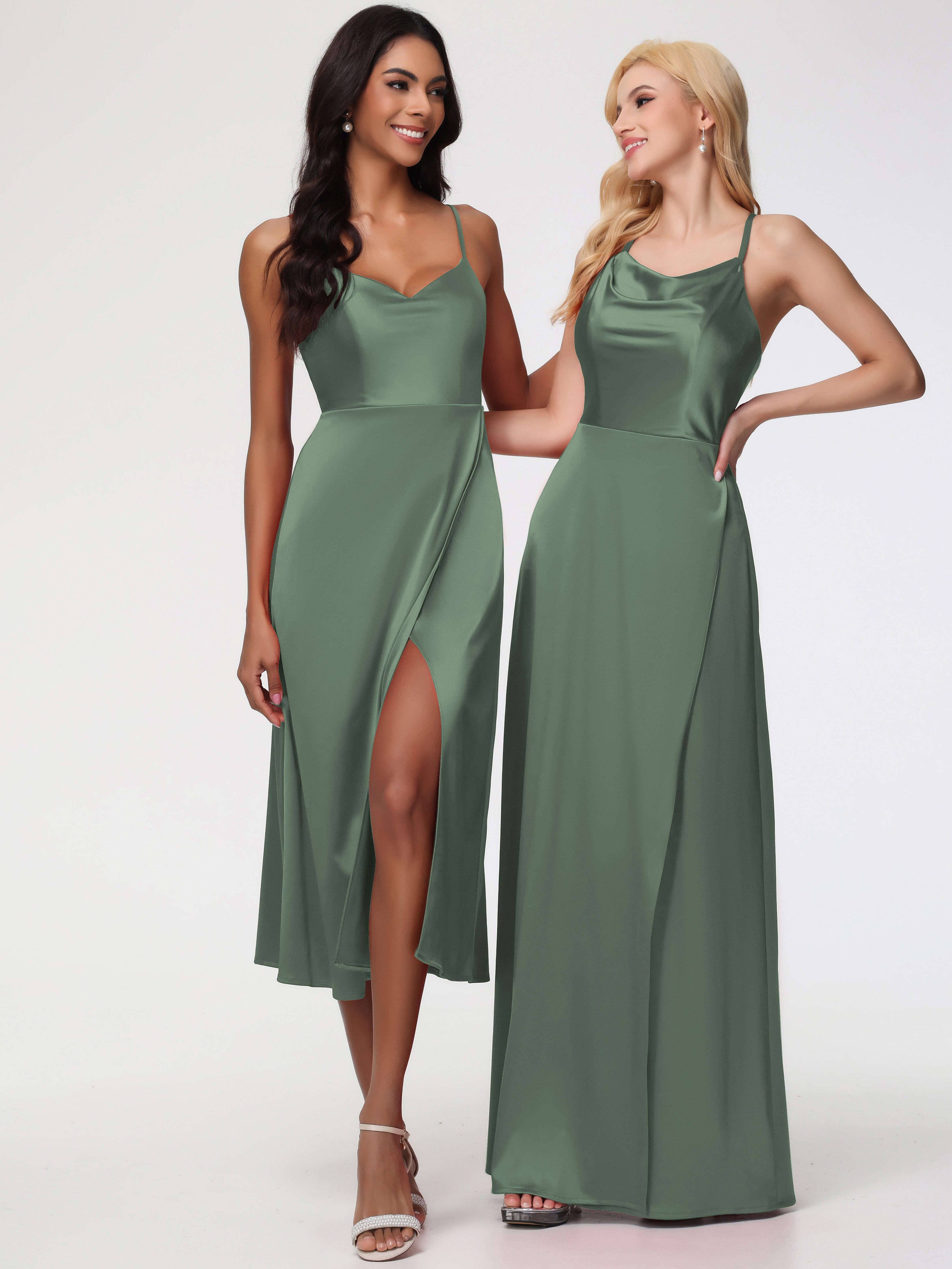 Spaghetti Straps Tea Length Back Zip Stretch Satin Bridesmaid Dress