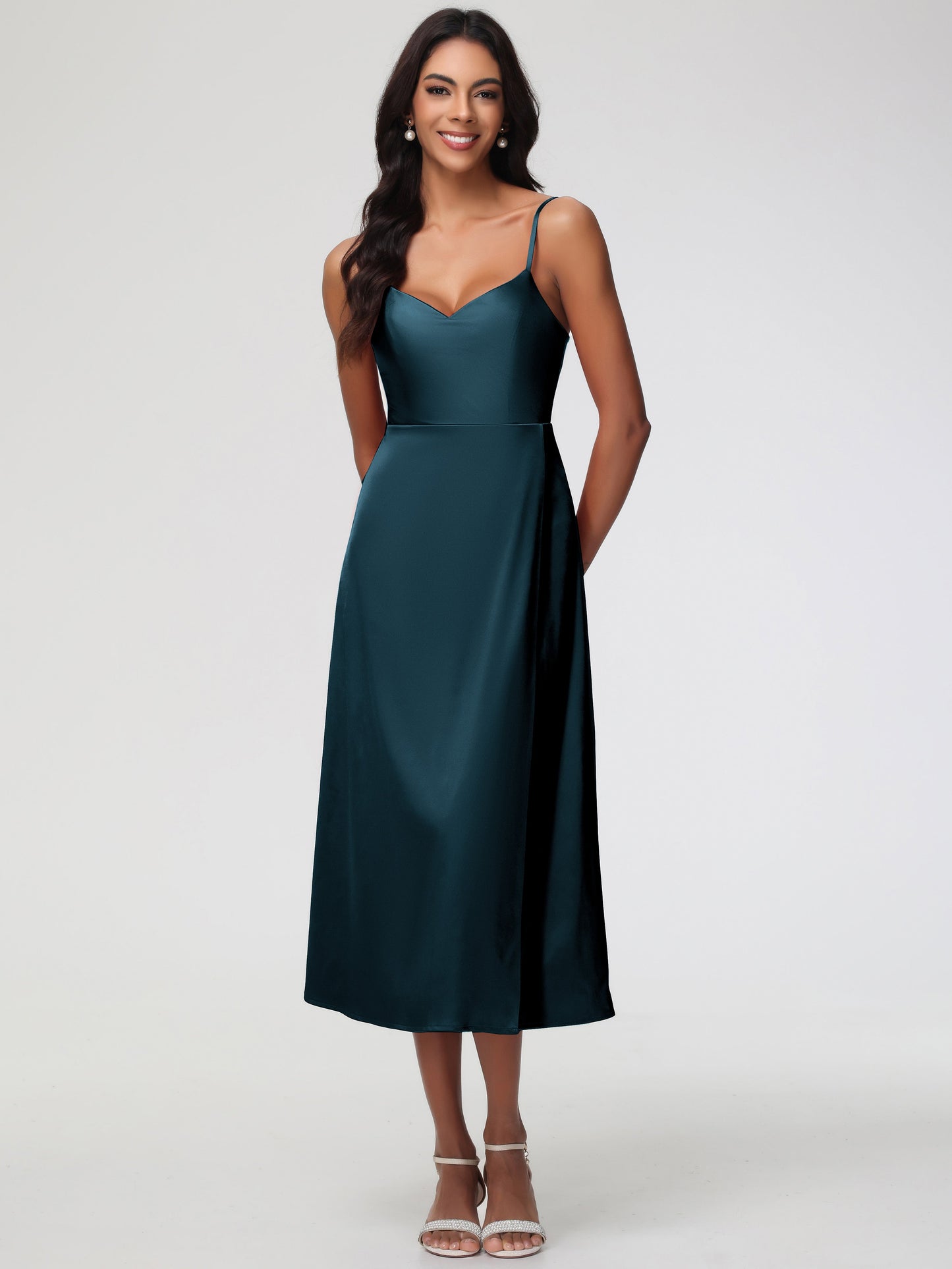 Spaghetti Straps Tea Length Back Zip Stretch Satin Bridesmaid Dress