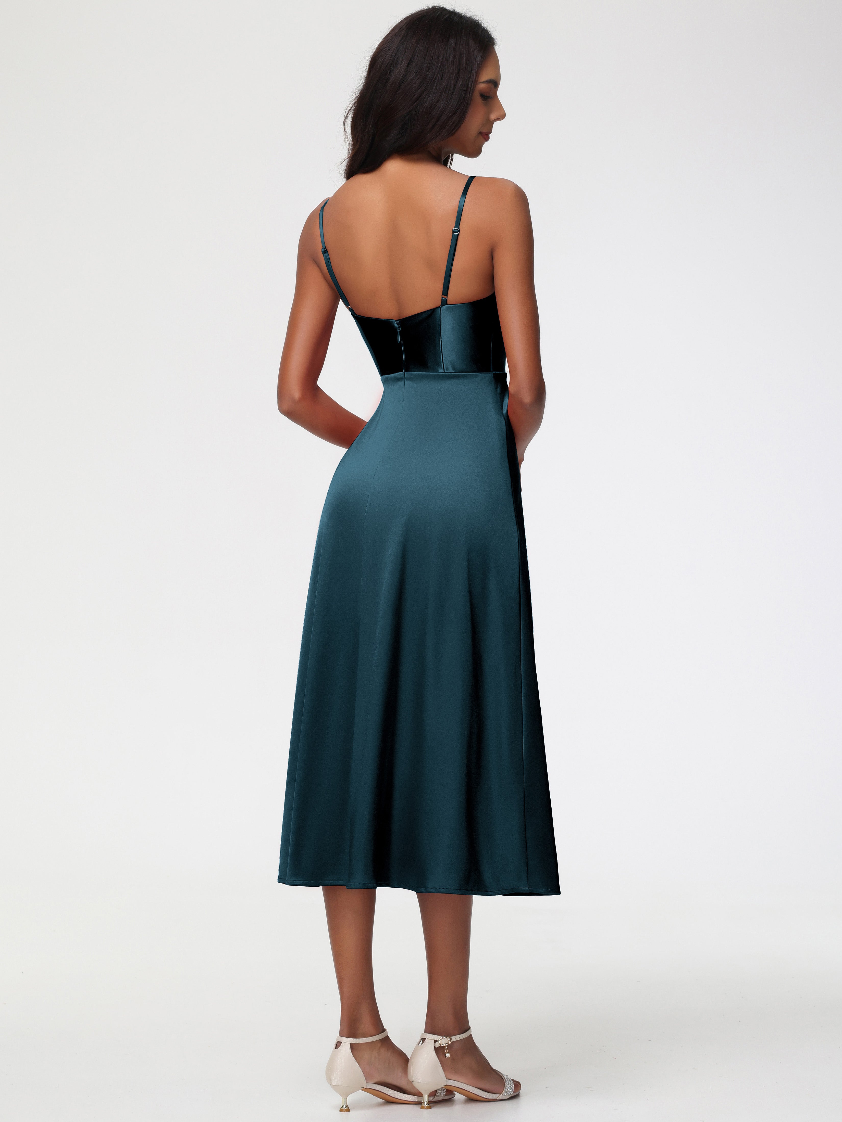 Spaghetti Straps Tea Length Back Zip Stretch Satin Bridesmaid Dress