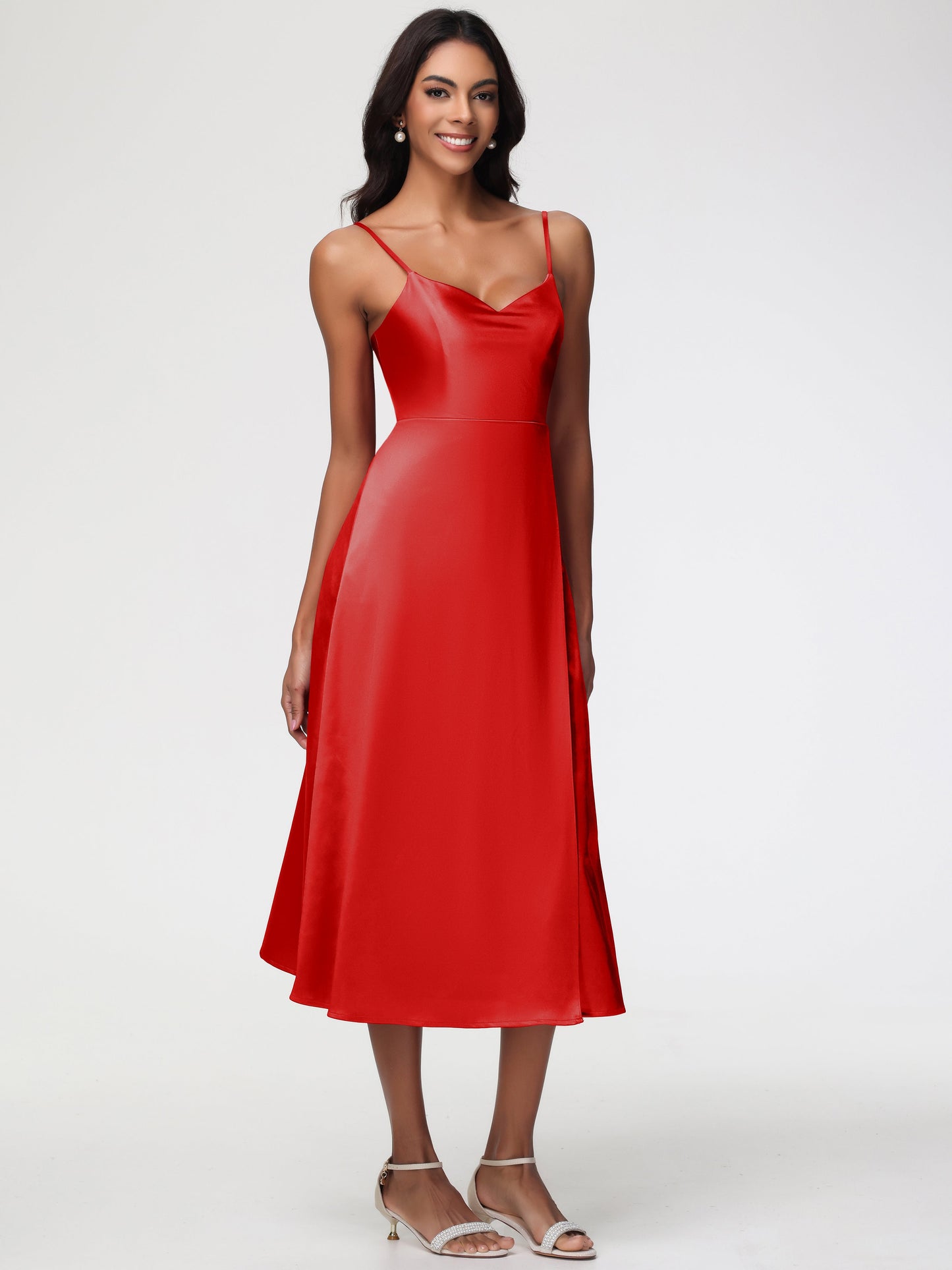 Spaghetti Straps Tea Length Back Zip Stretch Satin Bridesmaid Dress