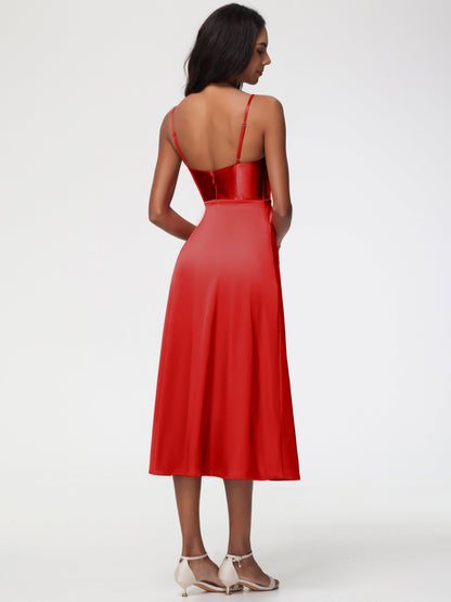 Spaghetti Straps Tea Length Back Zip Stretch Satin Bridesmaid Dress
