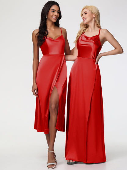 Spaghetti Straps Tea Length Back Zip Stretch Satin Bridesmaid Dress