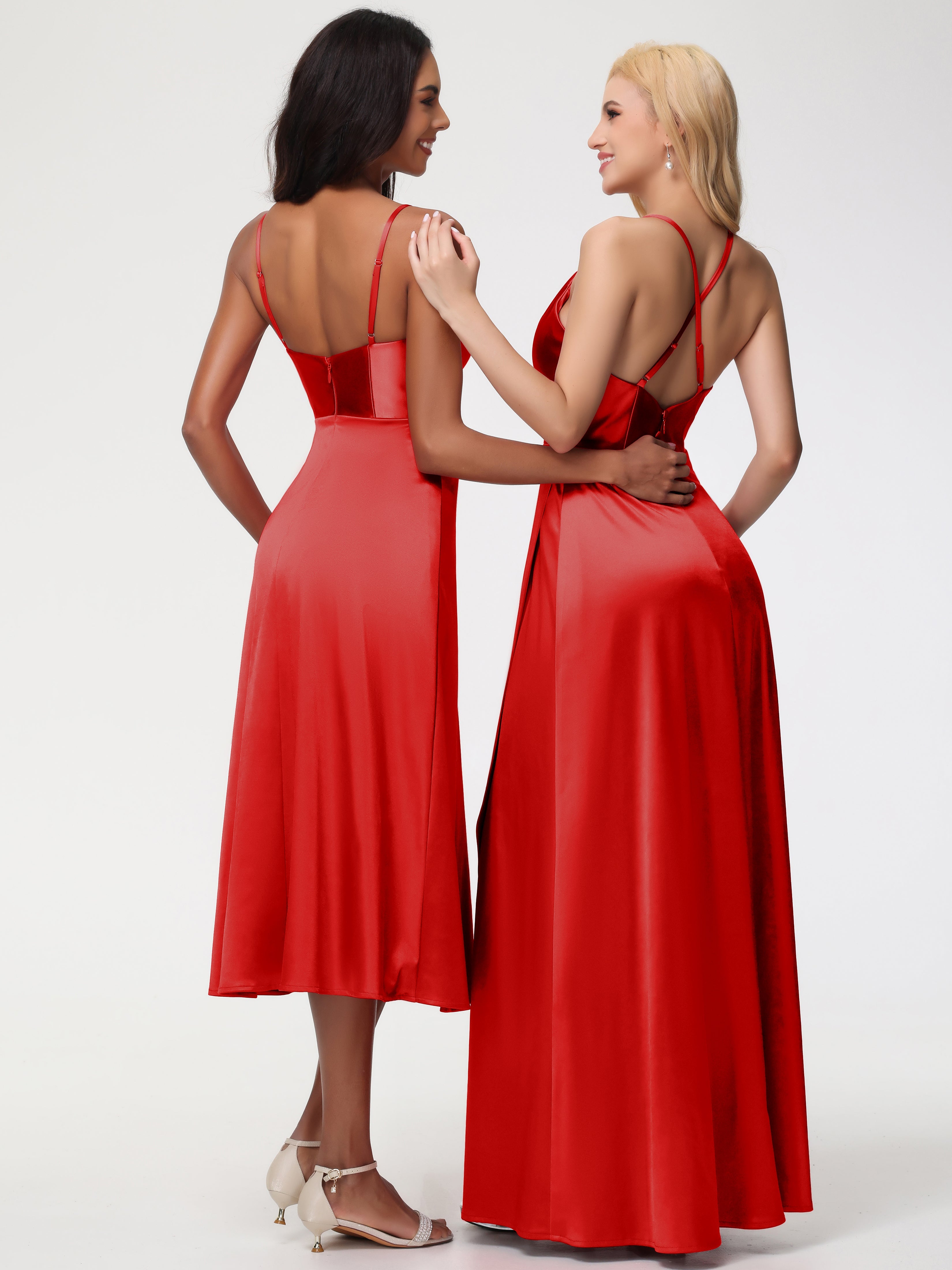 Spaghetti Straps Tea Length Back Zip Stretch Satin Bridesmaid Dress