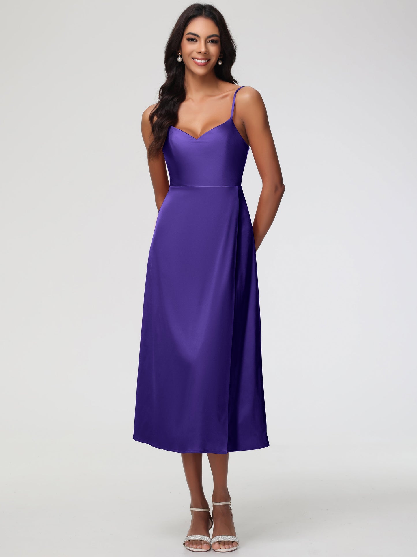 Spaghetti Straps Tea Length Back Zip Stretch Satin Bridesmaid Dress
