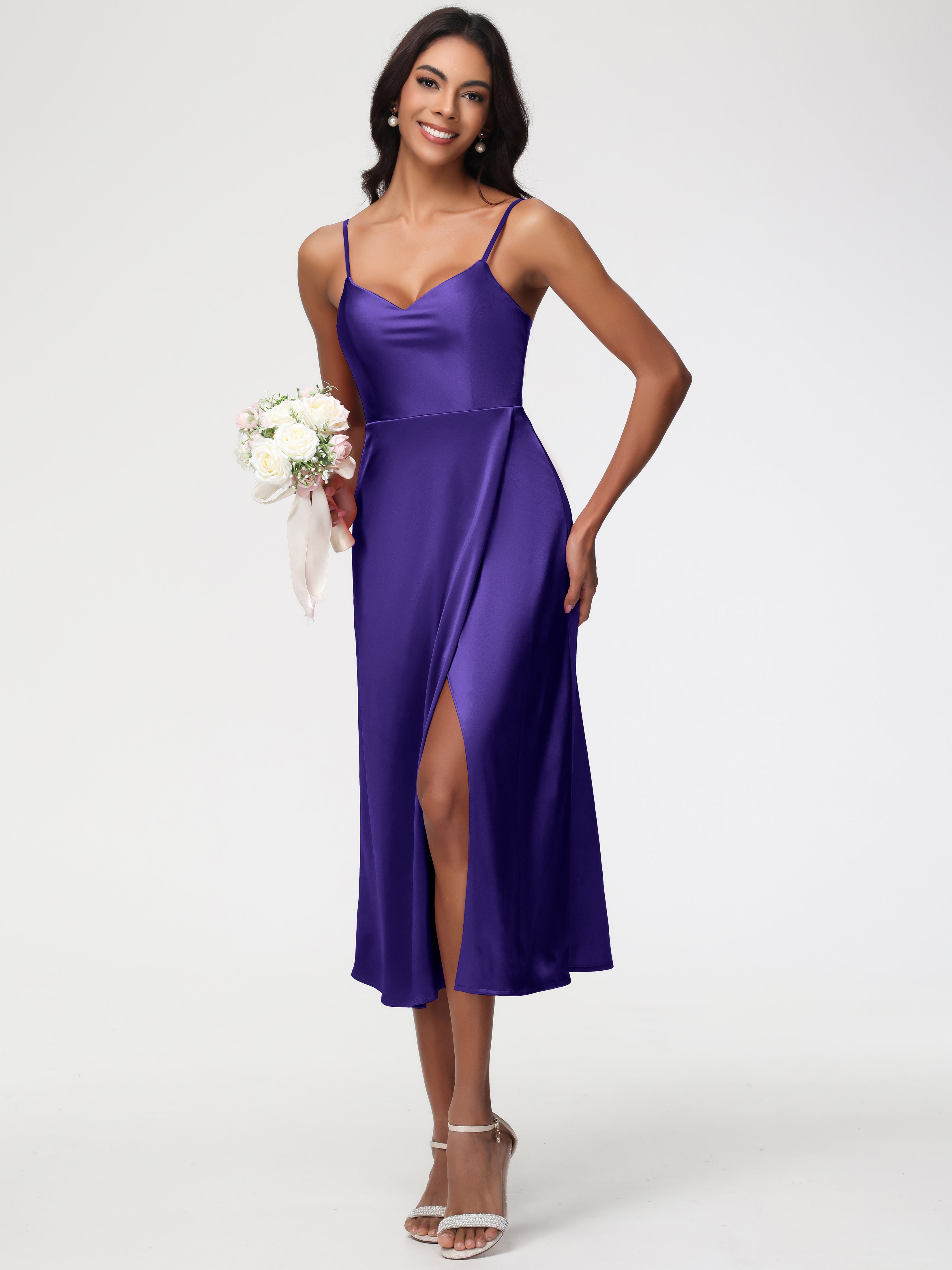 Spaghetti Straps Tea Length Back Zip Stretch Satin Bridesmaid Dress