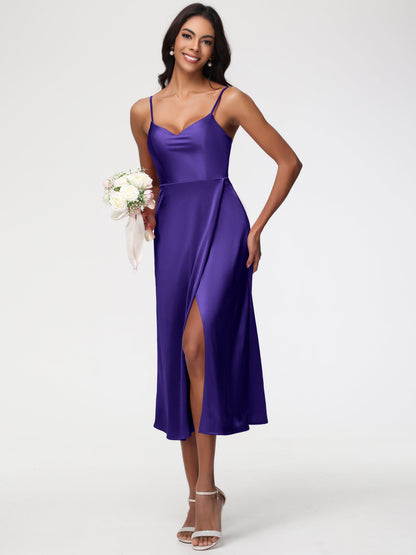Spaghetti Straps Tea Length Back Zip Stretch Satin Bridesmaid Dress