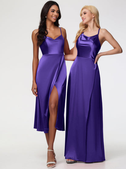 Spaghetti Straps Tea Length Back Zip Stretch Satin Bridesmaid Dress