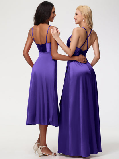 Spaghetti Straps Tea Length Back Zip Stretch Satin Bridesmaid Dress