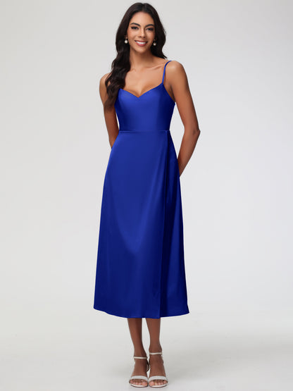 Spaghetti Straps Tea Length Back Zip Stretch Satin Bridesmaid Dress