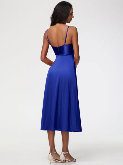 Spaghetti Straps Tea Length Back Zip Stretch Satin Bridesmaid Dress