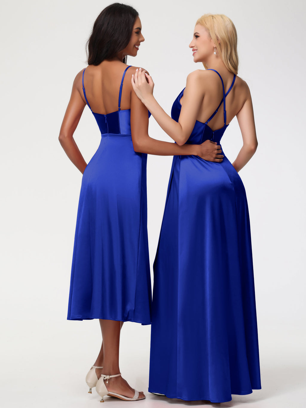 Spaghetti Straps Tea Length Back Zip Stretch Satin Bridesmaid Dress