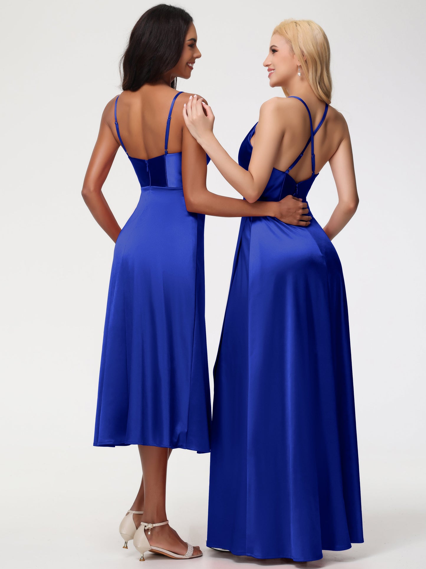 Spaghetti Straps Tea Length Back Zip Stretch Satin Bridesmaid Dress