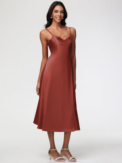 Spaghetti Straps Tea Length Back Zip Stretch Satin Bridesmaid Dress