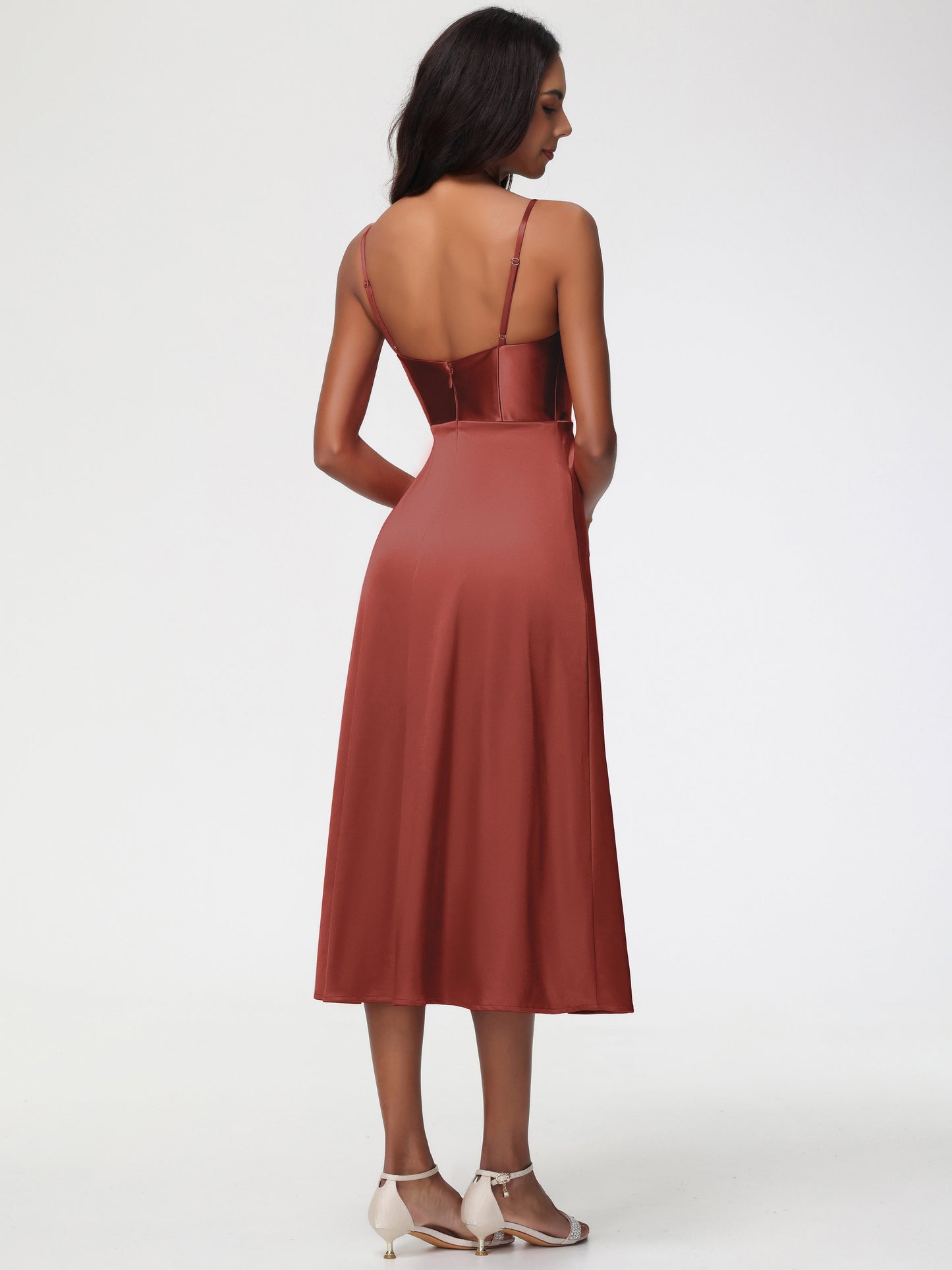 Spaghetti Straps Tea Length Back Zip Stretch Satin Bridesmaid Dress