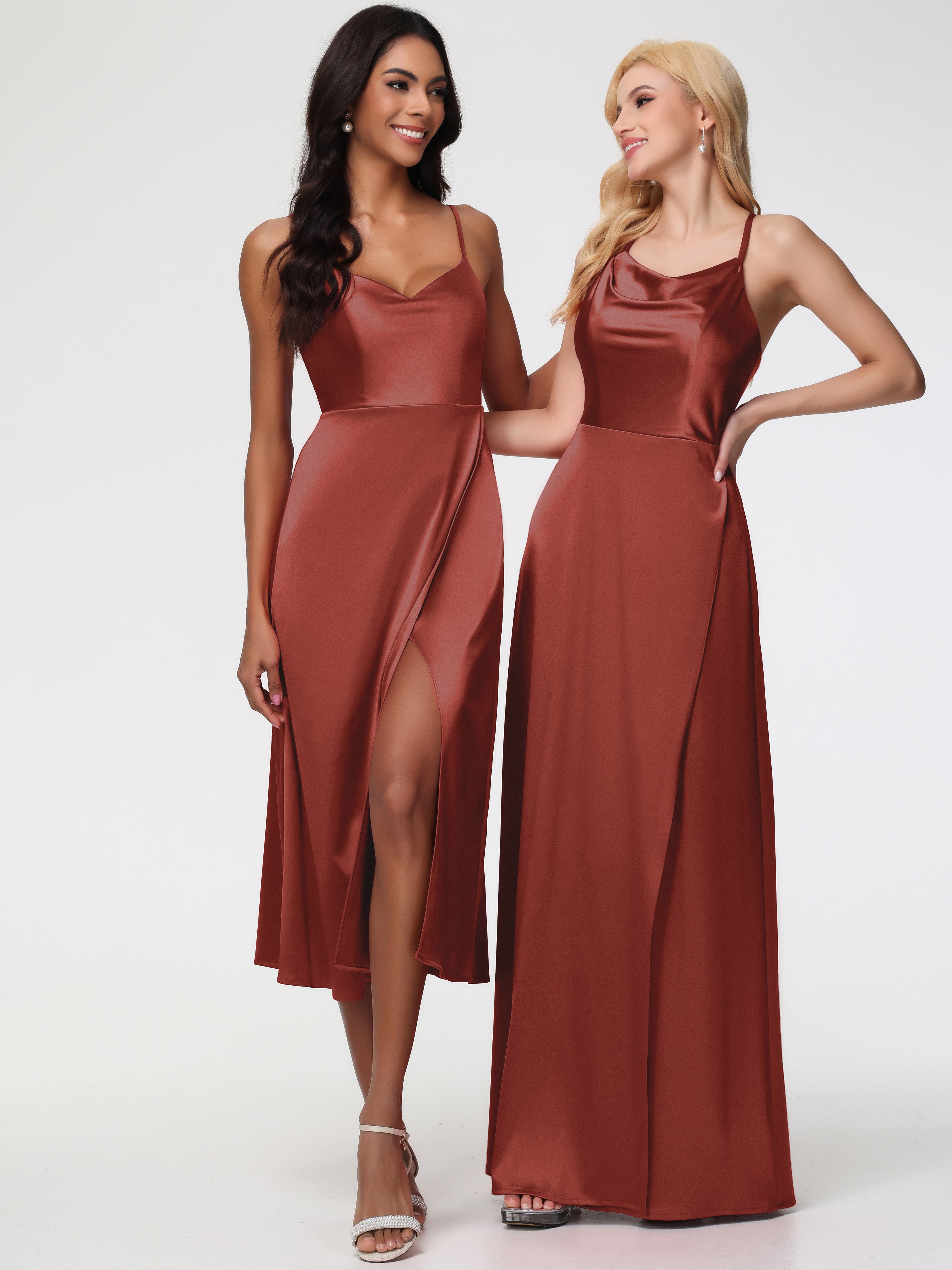 Spaghetti Straps Tea Length Back Zip Stretch Satin Bridesmaid Dress