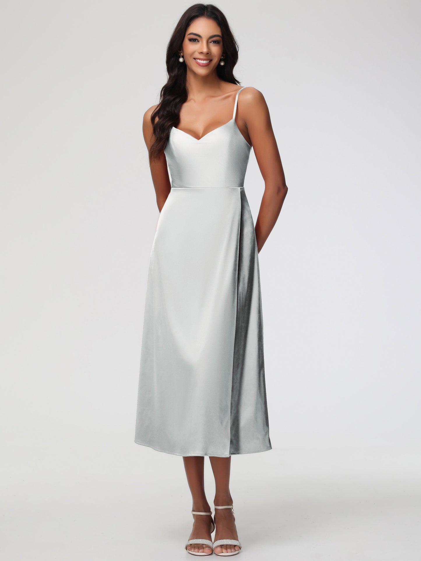 Spaghetti Straps Tea Length Back Zip Stretch Satin Bridesmaid Dress