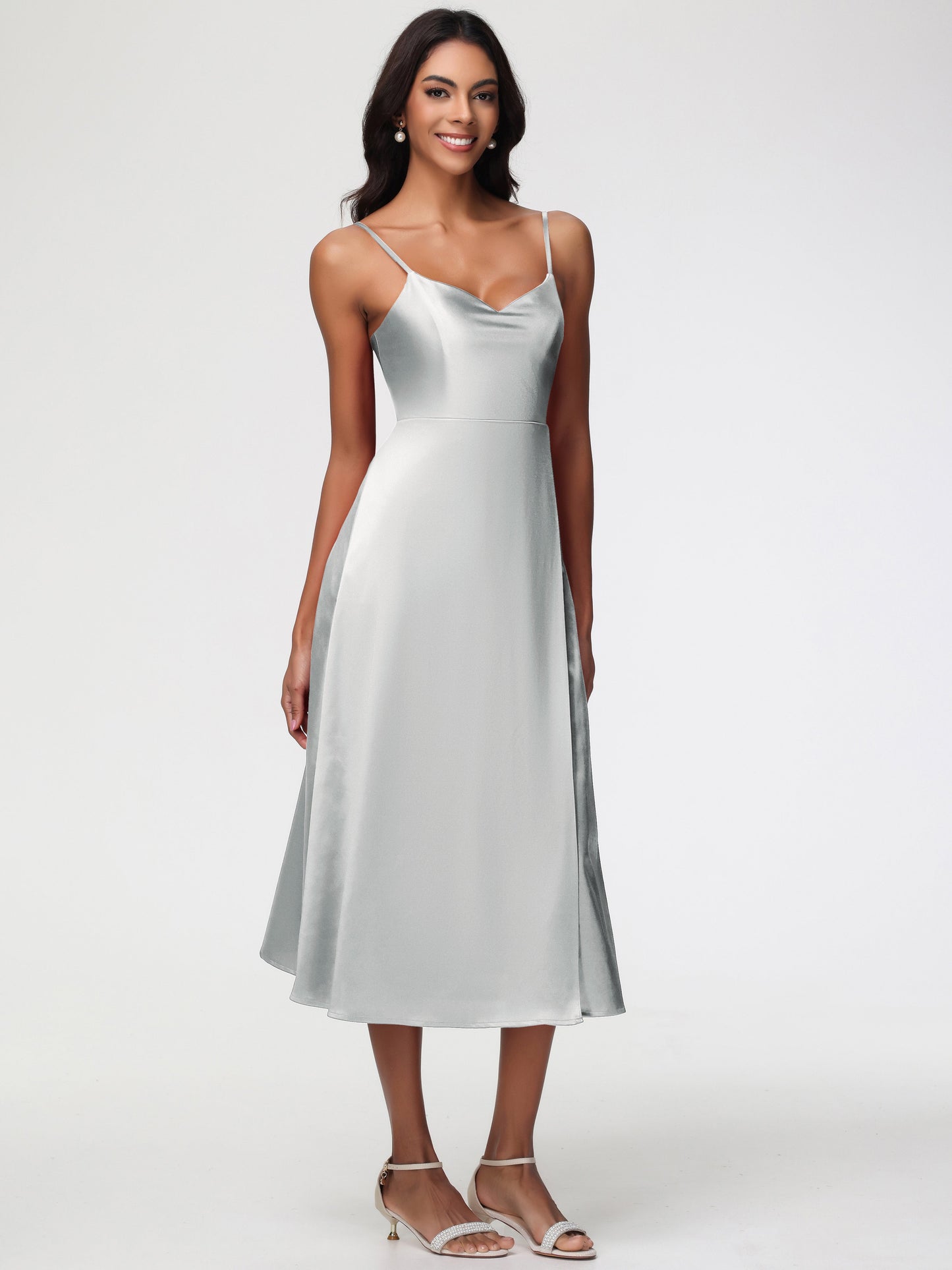 Spaghetti Straps Tea Length Back Zip Stretch Satin Bridesmaid Dress