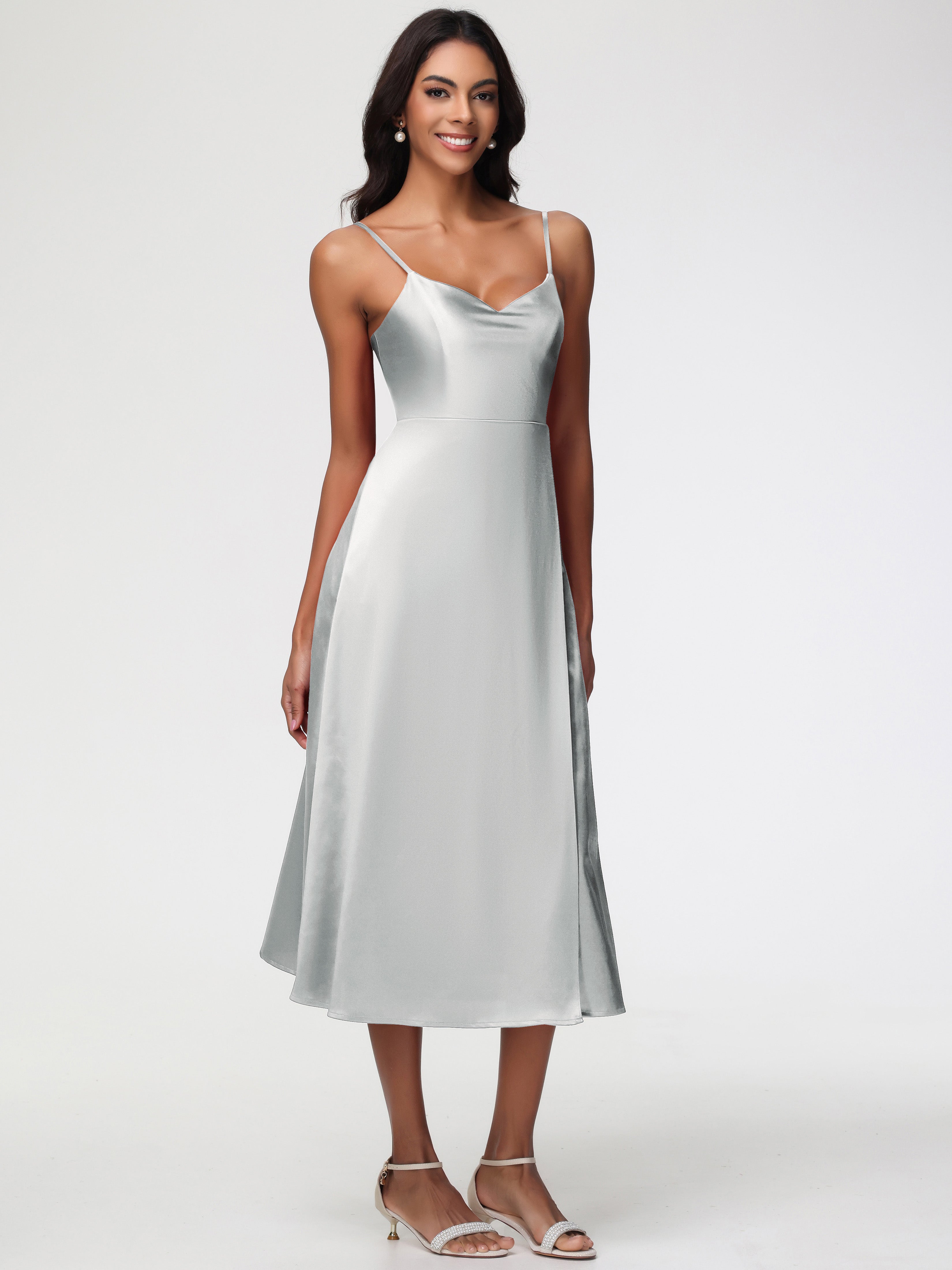 Spaghetti Straps Tea Length Back Zip Stretch Satin Bridesmaid Dress