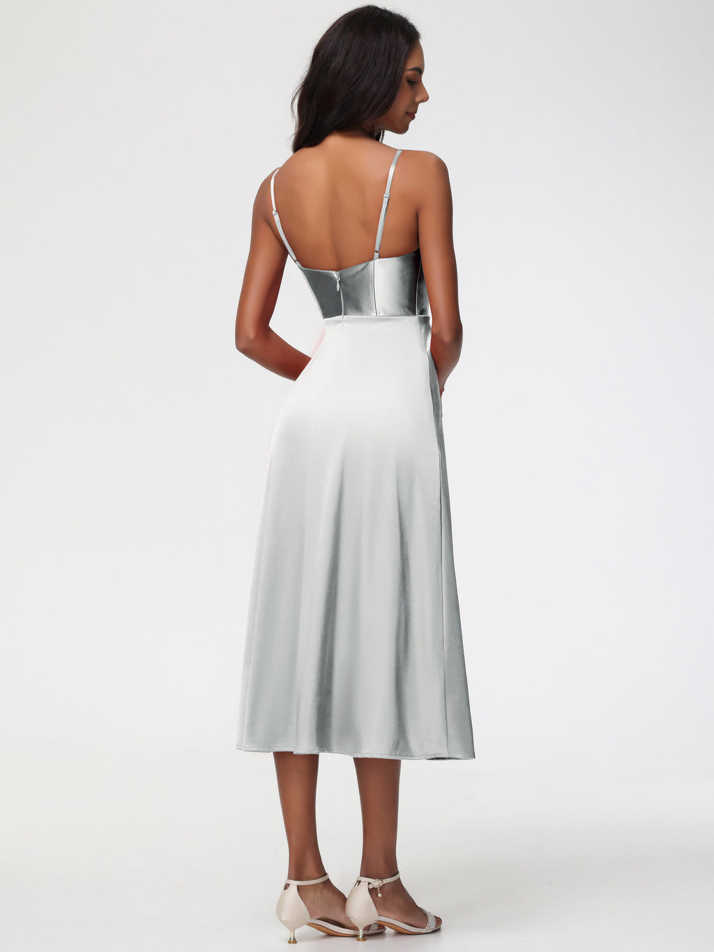 Spaghetti Straps Tea Length Back Zip Stretch Satin Bridesmaid Dress