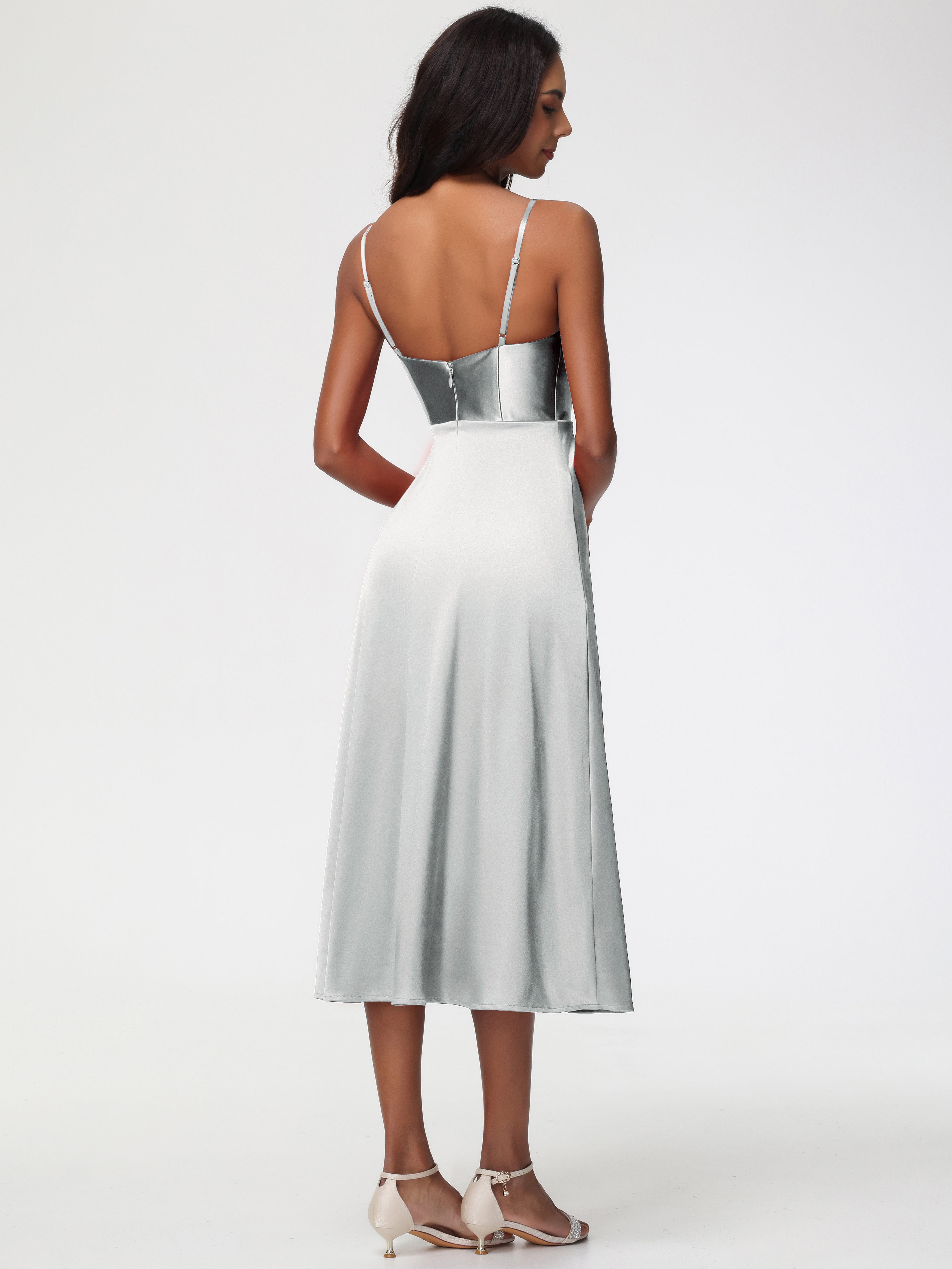Spaghetti Straps Tea Length Back Zip Stretch Satin Bridesmaid Dress