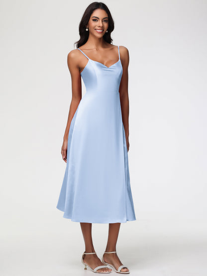Spaghetti Straps Tea Length Back Zip Stretch Satin Bridesmaid Dress
