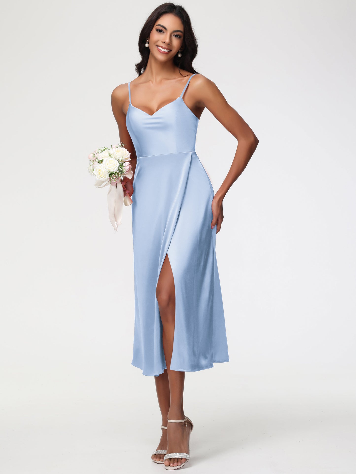 Spaghetti Straps Tea Length Back Zip Stretch Satin Bridesmaid Dress