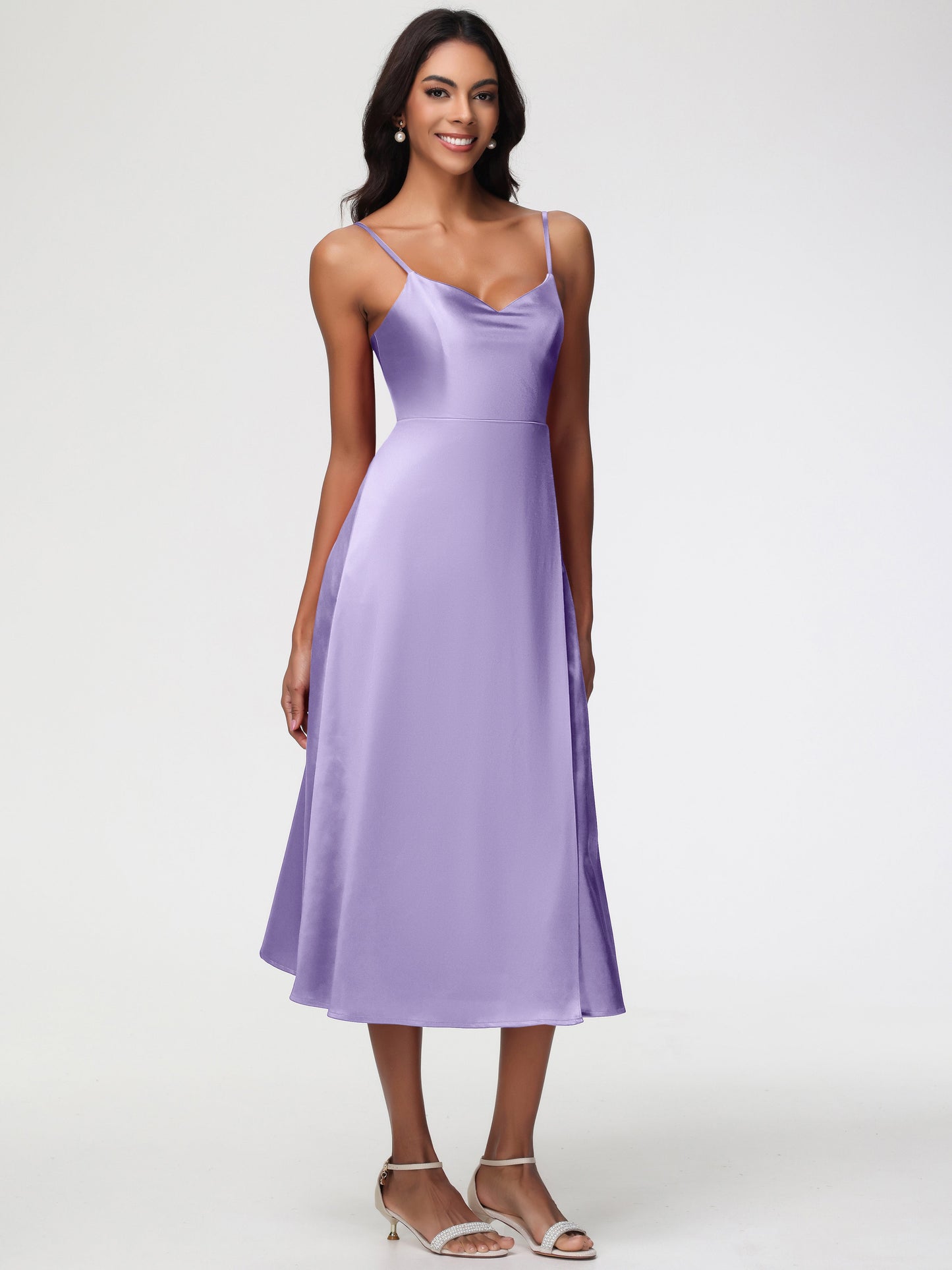 Spaghetti Straps Tea Length Back Zip Stretch Satin Bridesmaid Dress
