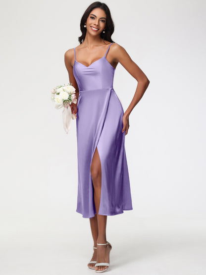 Spaghetti Straps Tea Length Back Zip Stretch Satin Bridesmaid Dress