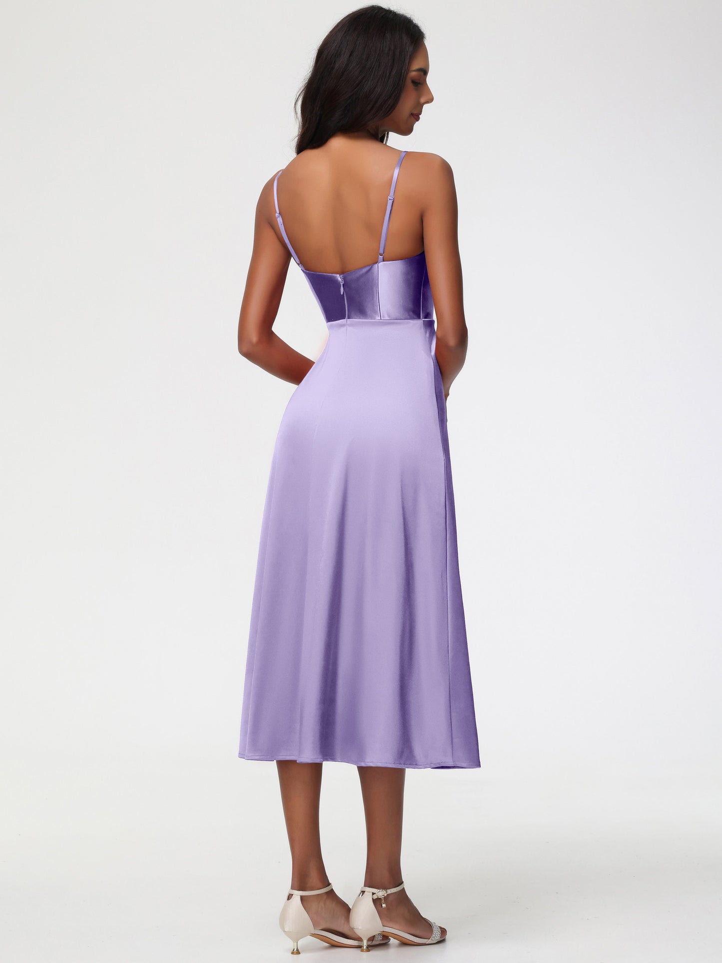 Spaghetti Straps Tea Length Back Zip Stretch Satin Bridesmaid Dress