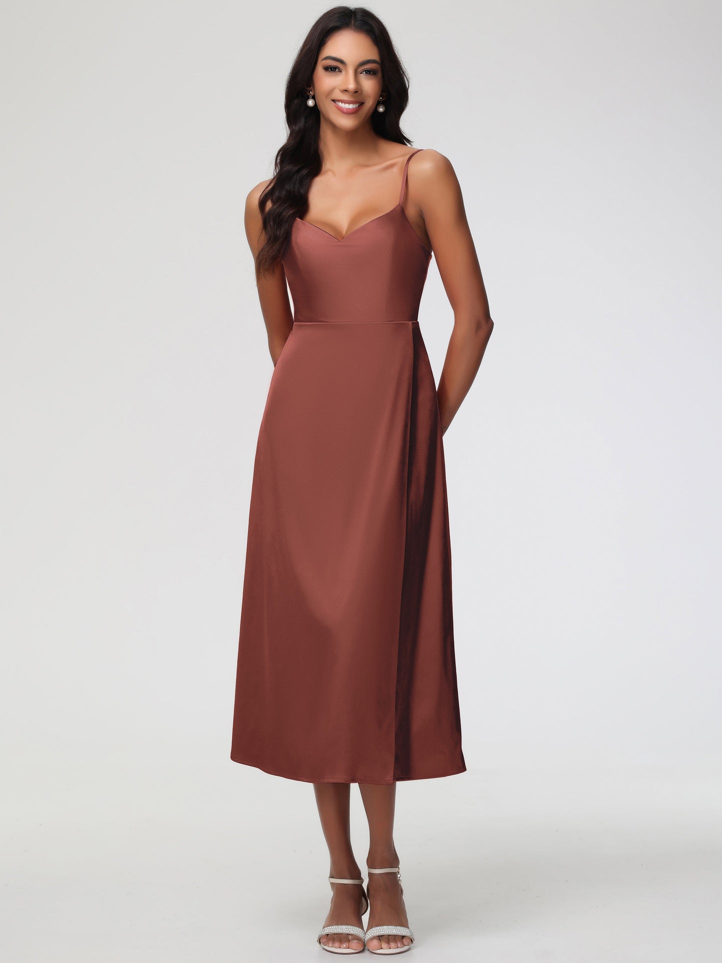 Spaghetti Straps Tea Length Back Zip Stretch Satin Bridesmaid Dress