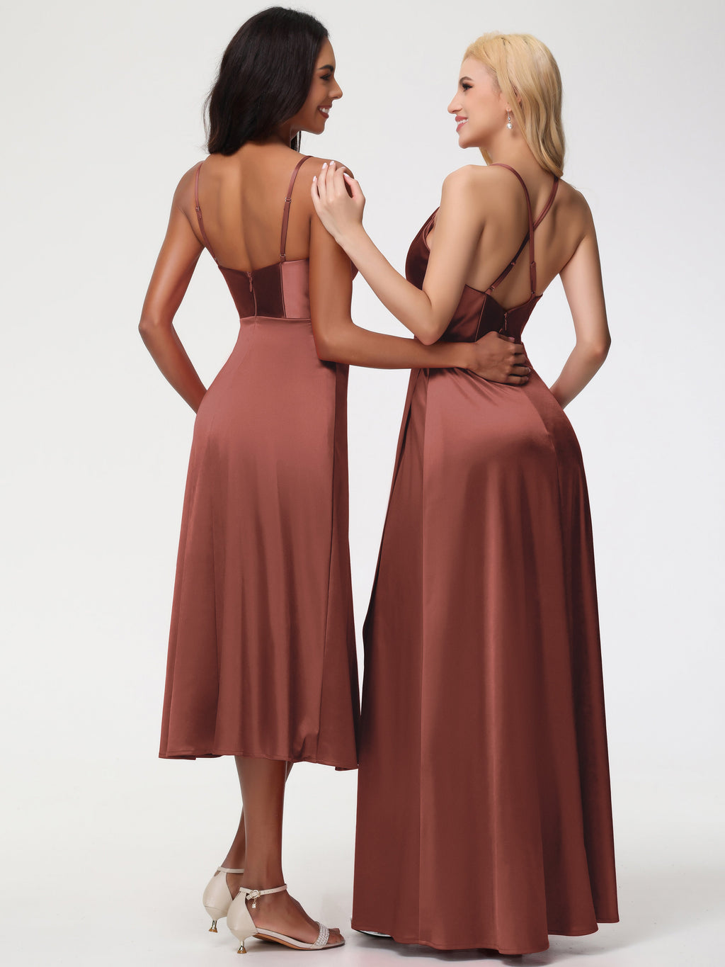 Spaghetti Straps Tea Length Back Zip Stretch Satin Bridesmaid Dress