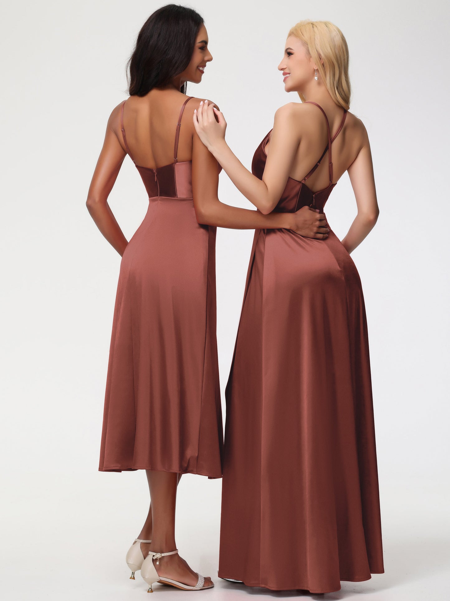 Spaghetti Straps Tea Length Back Zip Stretch Satin Bridesmaid Dress