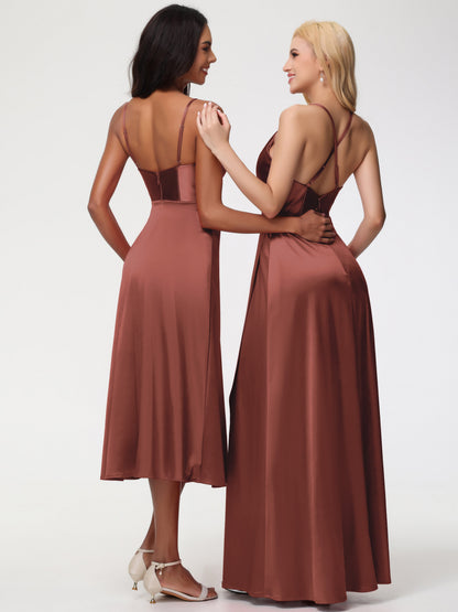 Spaghetti Straps Tea Length Back Zip Stretch Satin Bridesmaid Dress