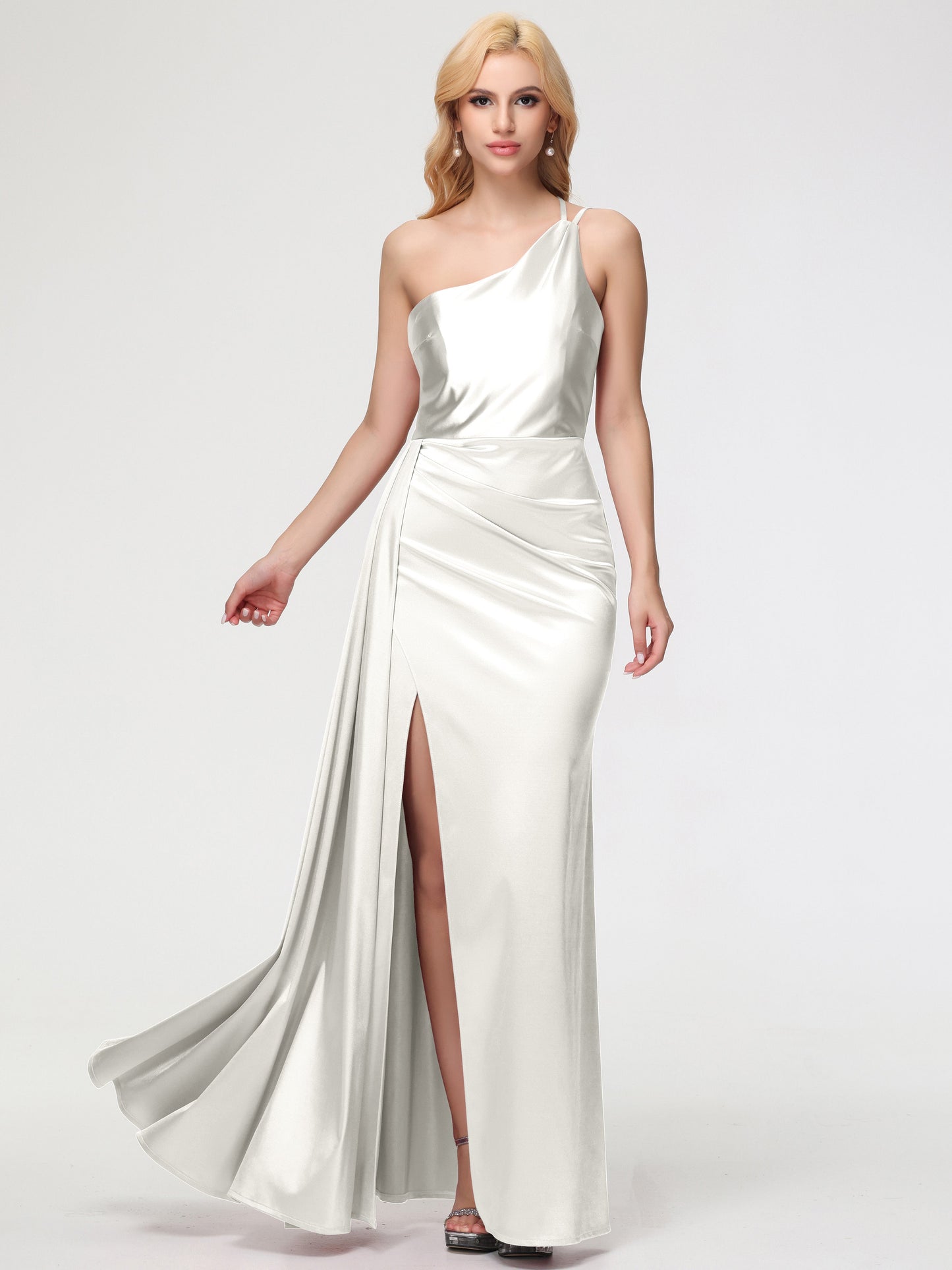 Long Ivory Bridesmaid Dresses One Shoulder Trumpet/Mermaid Straps Pleats Stretch Satin Bridesmaid Dresses