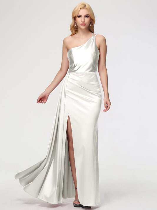 Long Ivory Bridesmaid Dresses One Shoulder Trumpet/Mermaid Straps Pleats Stretch Satin Bridesmaid Dresses