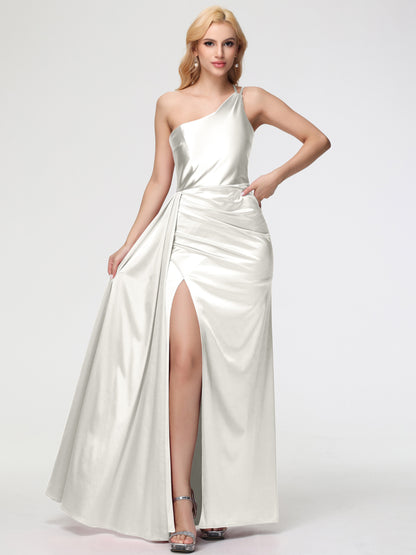 Long Ivory Bridesmaid Dresses One Shoulder Trumpet/Mermaid Straps Pleats Stretch Satin Bridesmaid Dresses