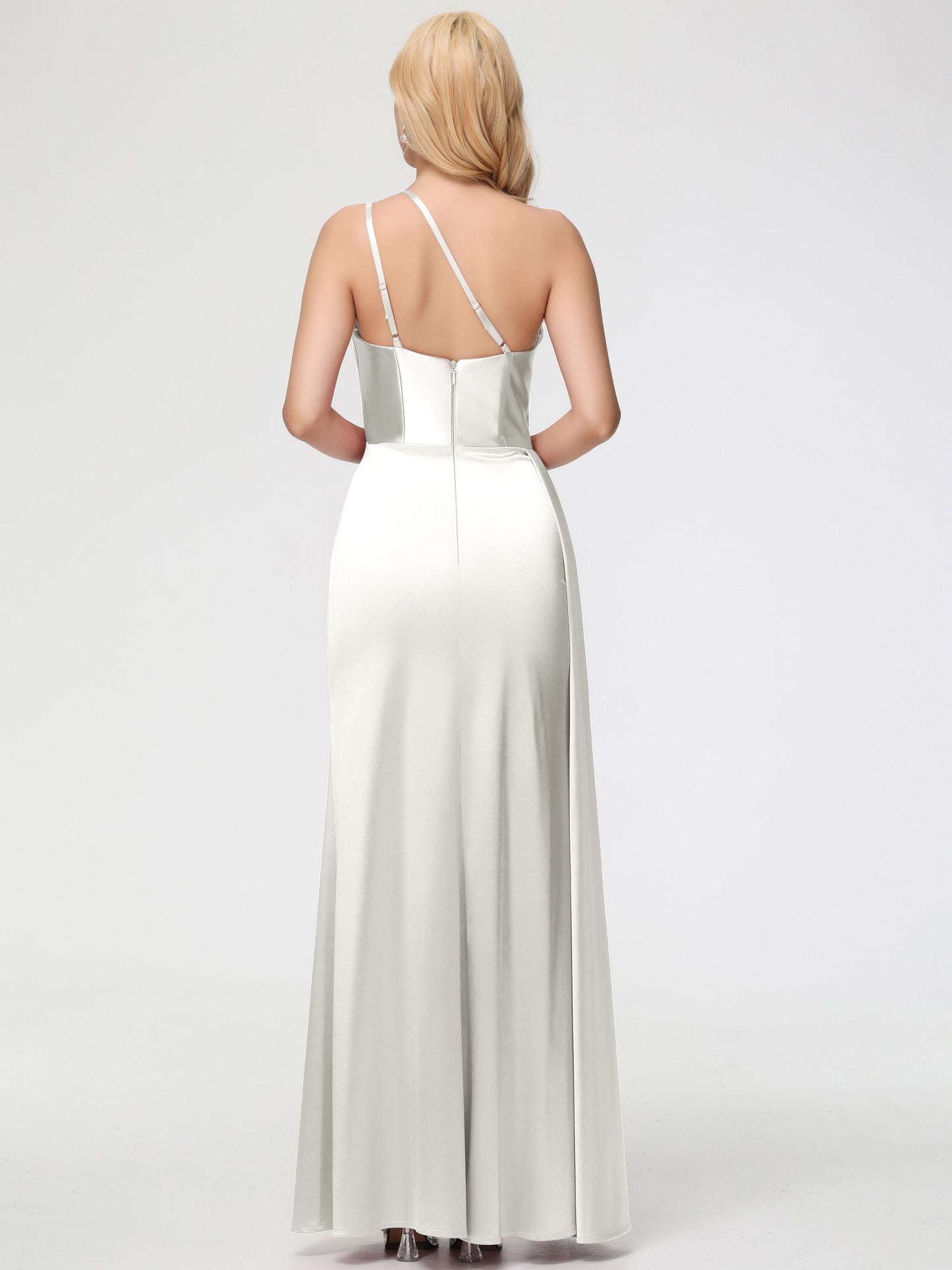 Long Ivory Bridesmaid Dresses One Shoulder Trumpet/Mermaid Straps Pleats Stretch Satin Bridesmaid Dresses