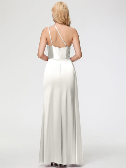 Long Ivory Bridesmaid Dresses One Shoulder Trumpet/Mermaid Straps Pleats Stretch Satin Bridesmaid Dresses