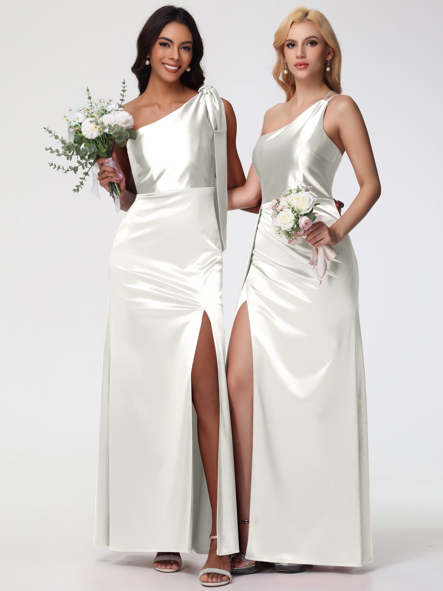 Long Ivory Bridesmaid Dresses One Shoulder Trumpet/Mermaid Straps Pleats Stretch Satin Bridesmaid Dresses