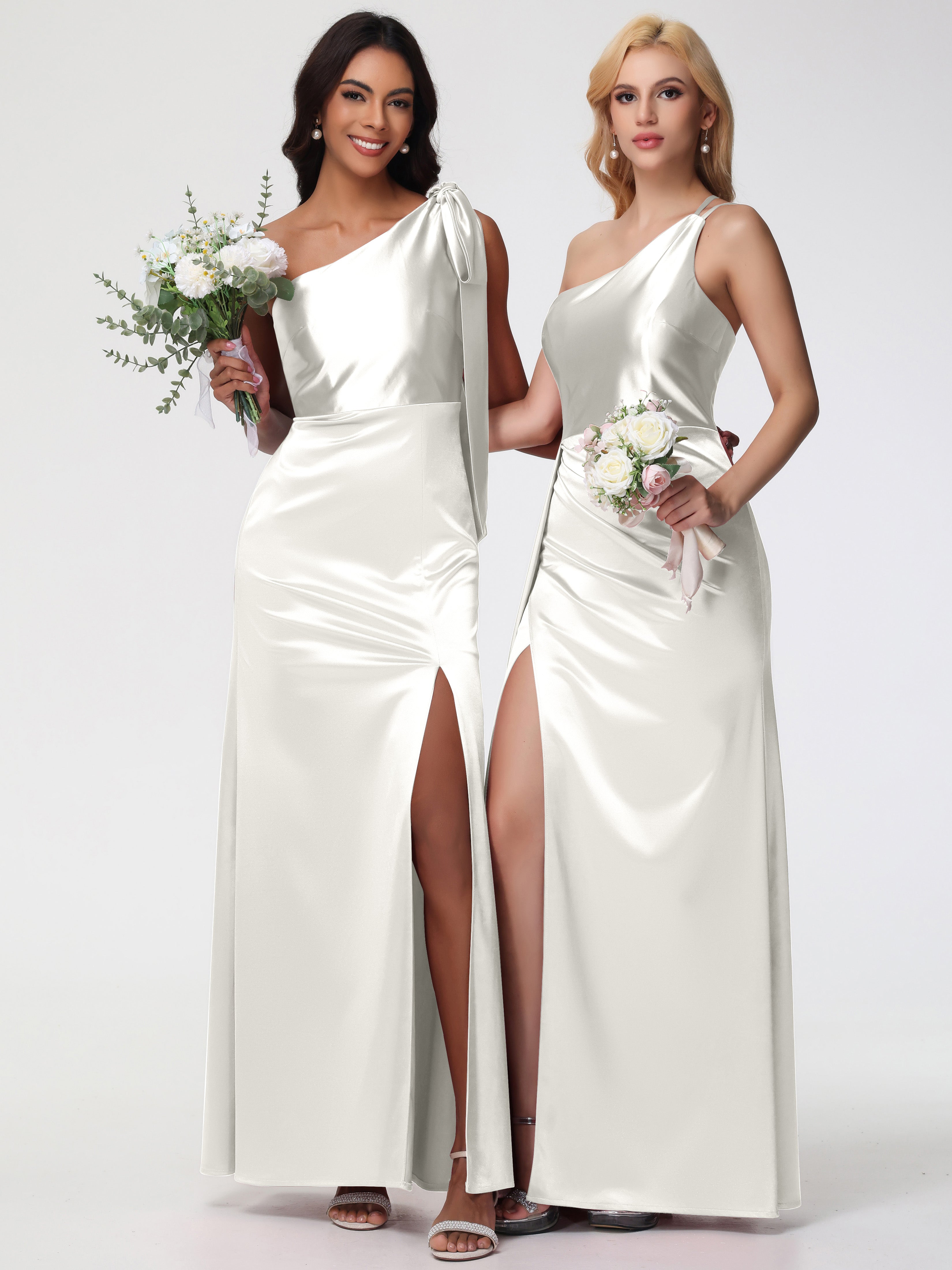 Long Ivory Bridesmaid Dresses One Shoulder Trumpet/Mermaid Straps Pleats Stretch Satin Bridesmaid Dresses