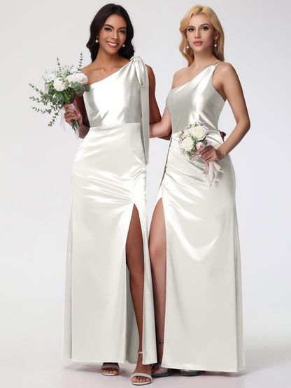 Long Ivory Bridesmaid Dresses One Shoulder Trumpet/Mermaid Straps Pleats Stretch Satin Bridesmaid Dresses
