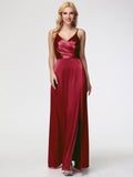 Burgundy Modest Bridesmaid Dresses Spaghetti Straps A-Line V-Neck Pleats Stretch Satin Bridesmaid Dresses